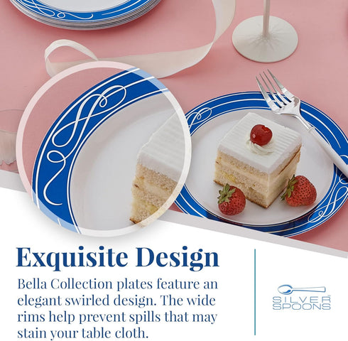 SILVER SPOONS Elegant Disposable Plates - (10 Piece) Heavy Duty Dessert Set 7.5”, Fine Dining Plastic Dishes, Blue