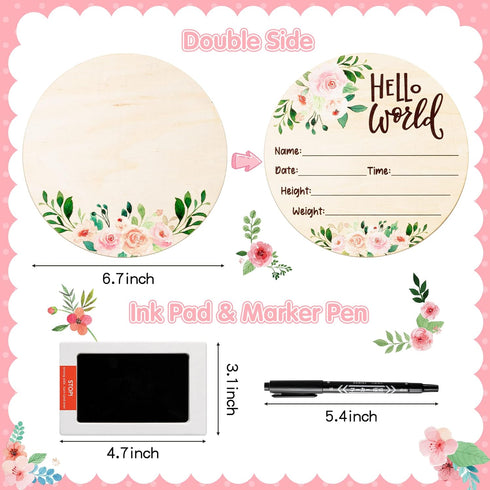 R HORSE Baby Birth Announcement Sign with Marker Pen, Pink Floral Baby Name Sign with Ink Pad for Hand and Footprints