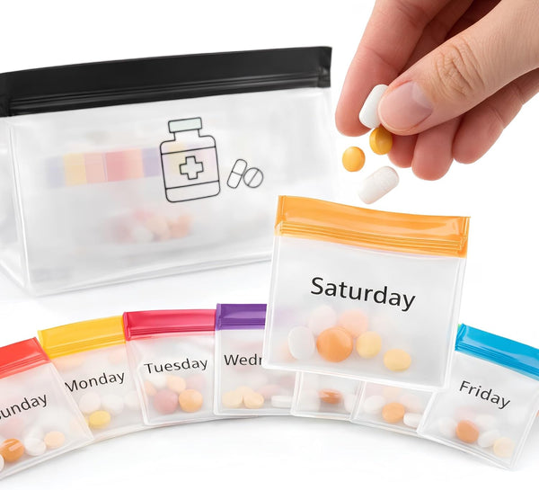 OGAK 7 Day Pill Pouches Set with Labels, Reusable Silicone Pill Pouch Bags,