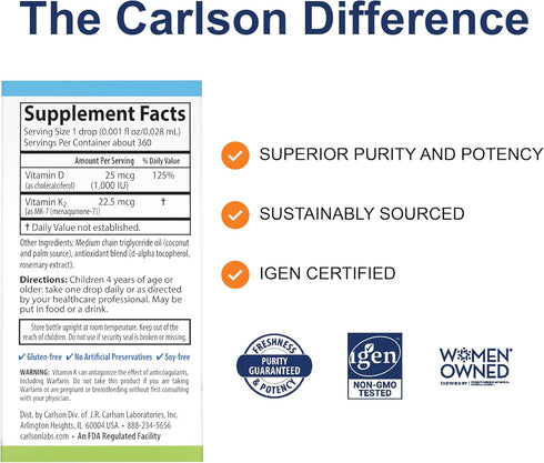 Carlson - Kid's Super Daily D3+K2, 25 mcg D3 & 22.5 mcg K2, Liquid Vitamins for Heart & Bone Health, 360 Drops