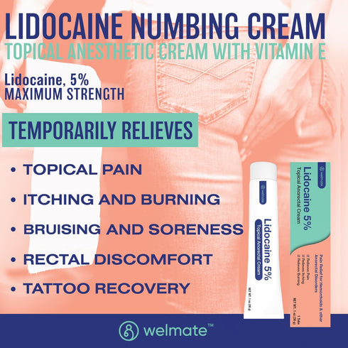 WELMATE 5% Lidocaine Numbing Cream Maximum Strength, Topical Anesthetic, Aches, Back Pain, Itching, Soreness, Burning, & Bruises, Unscented, Child Resistant Packaging 1 Oz (30 g)