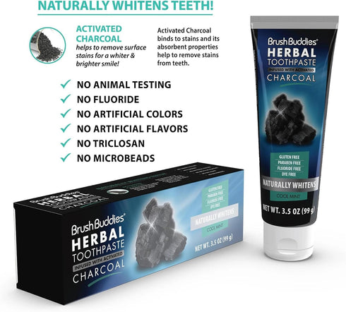 Brush Buddies Herbal Toothpaste with Activated Charcoal, 3.5 oz | Fluoride Free Whitening Charcoal Toothpaste (Pack of