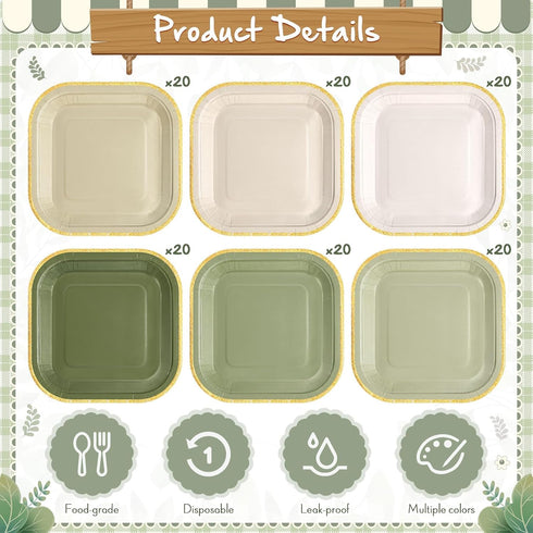 Tiangrid 120 7 Inch 6 Pcs Sage Green Paper Plates Gradient Disposable Square Dessert Party Plates with Gold Edge