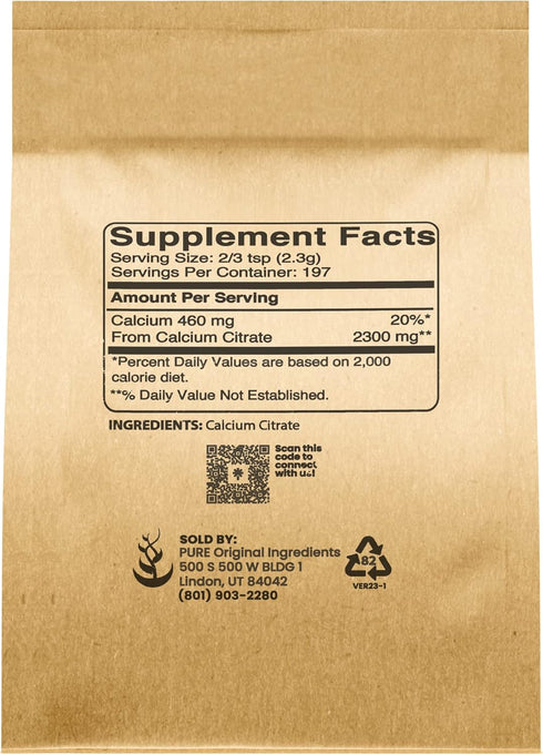 Pure Original Ingredients Calcium Citrate (1lb) Calcium Supplement, No Additives or Fillers