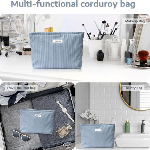 Wudygirl Makeup Bag, Portable Cosmetic Travel Bag for Women and Girls, Large Capacity Corduroy Toiletry Bag (Light Blue)