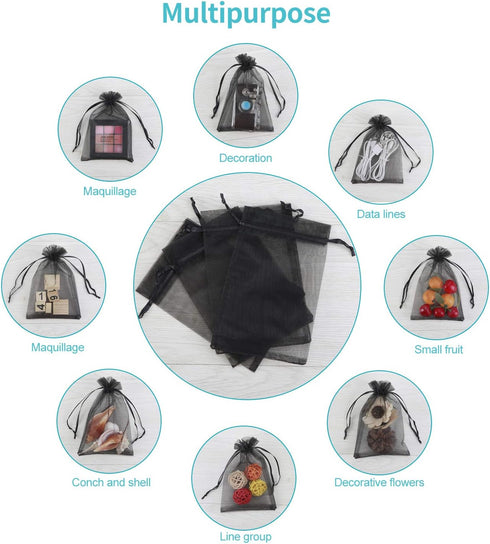 Hopttreely 100PCS 4x6 Sheer Drawstring Gift Bags, Black Organza Pouches for Wedding Party Favors & Jewelry