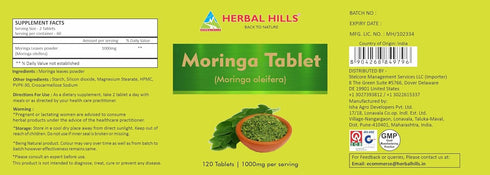 HERBAL HILLS Moringa Tablets, 120 Count (1000 mg)