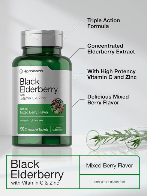 Horbaach Sambucus Elderberry, Vitamin C & Zinc Chewable Tablets, 90 Count, Vegetarian & Gluten Free Immune Support