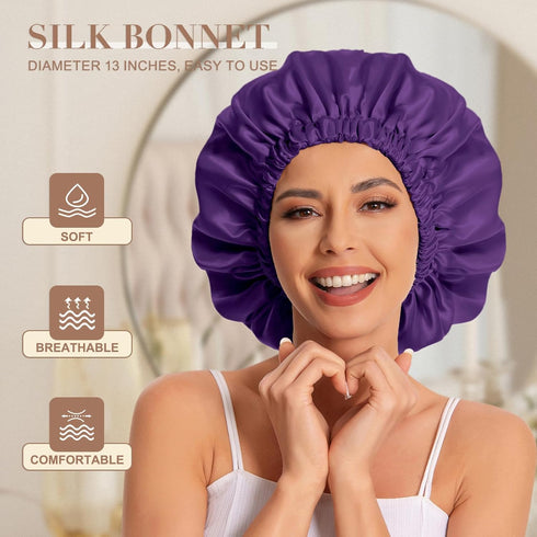 Satin Bonnet Silk Hair Bonnet for Sleeping, Slouchy Beanie Hat for Women's Natural & Curly Hair (Purple)