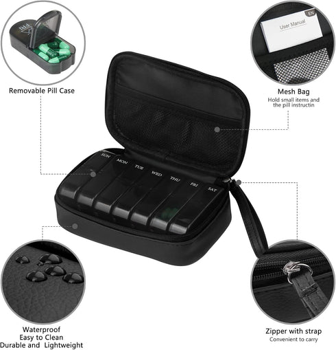 yeloumiss 2 Weekly PU Leather Pill Bag Organizer Case Times a Day, AM PM Daily Pill Box to Hold Vitamin, Fish Oil