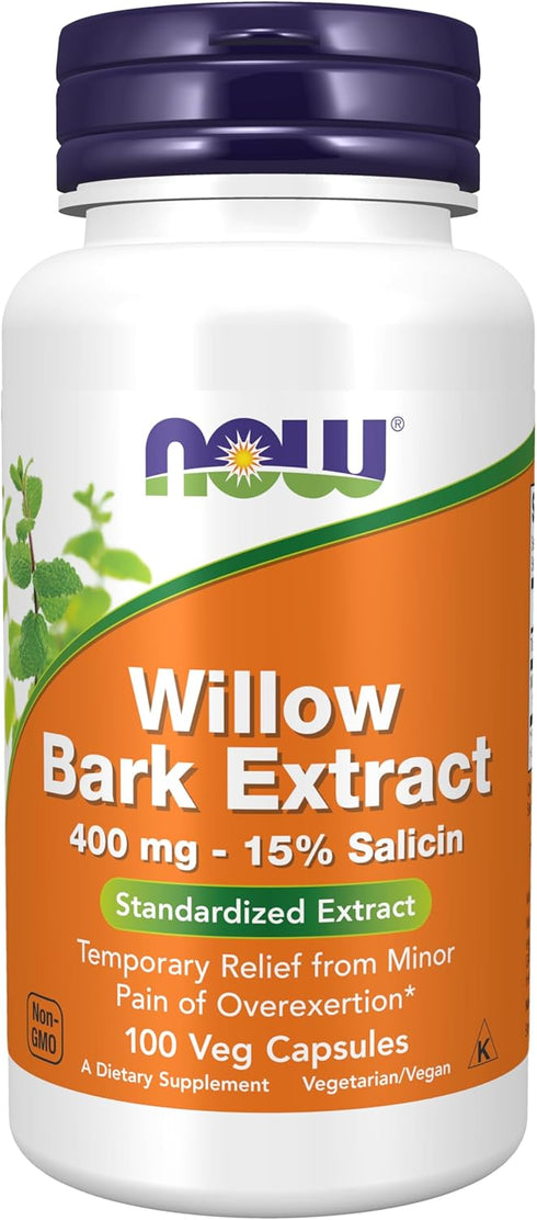 NOW Supplements White Willow Bark, 400 mg, 15% Salicin, Standardized Extract, 100 Veg Capsules