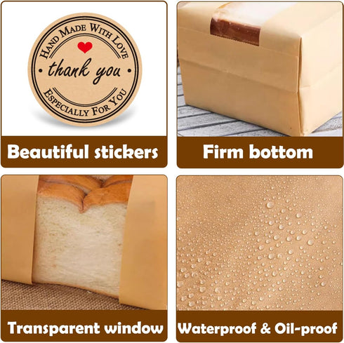 WOFEIS 25 13.7x8.3x3.6 inch(25) Pcs Large Paper Bread Bags for Homemade Bread, Kraft Paper Bakery Bags with Clear