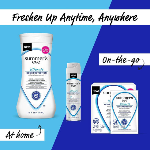 Summer's Eve Ultimate Odor Protection Bundle; Feminine Body Wash and Wipes with Boric Acid + Feminine Odor Protection