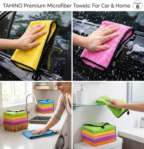 TAHINO 16x16 Inch, Pack, Pack 6 Microfiber Cleaning Towels, Multi-Color Ultra Absorbent, Car & Household Use