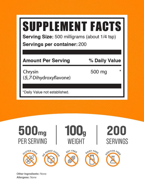 BulkSupplements.com Chrysin Powder - 500mg Chrysin Supplement, Antioxidants, Gluten Free, 100g (Pack of 1)