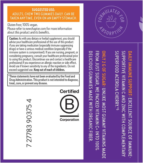 New Chapter Vitamin C+ Gummies - 40% Less Sugar, Excellent Source of Vitamin C, TWO Daily Gummies for Immune Support