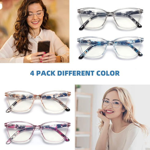 4 Pack Blue Light Blocking Reading Glasses for Women Men, Fashion Square Computer Readers with Spring Hinge