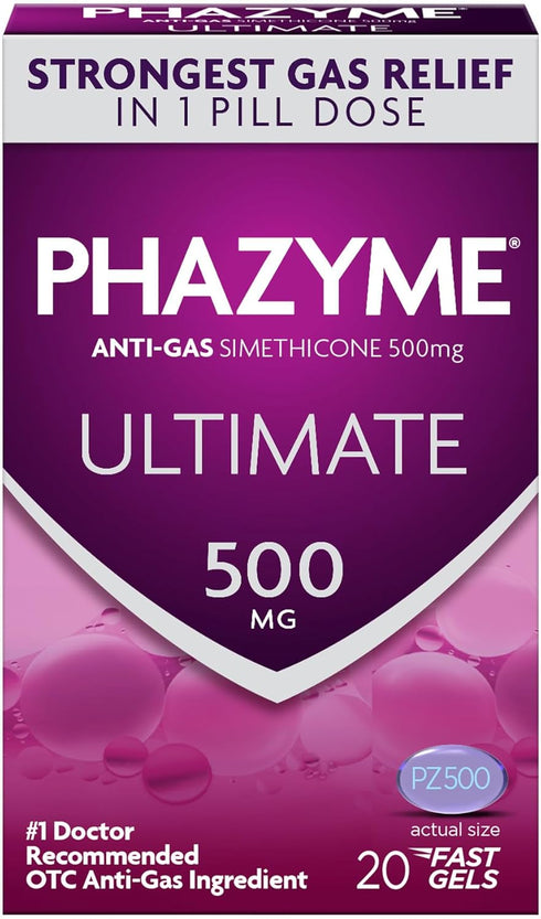 Phazyme Gas Relief, Ultimate Bloating Relief for Adults, 500 mg Simethicone Fast Gels, 20 Count