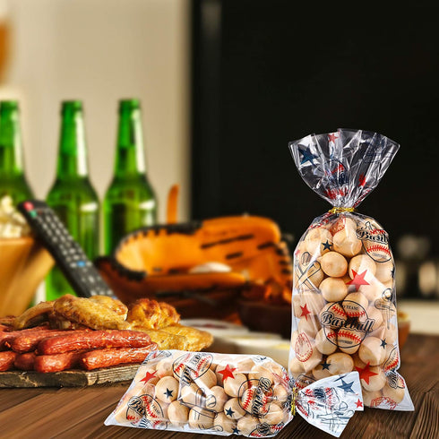 Chuangdi 100 Pack Cello Baseball Party Snack Bags, Cellophane Baseball Treat Bags for Team Snacks, Sports Goodie Pouches
