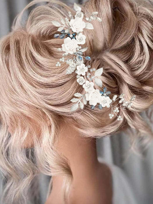 Unicra Flower Silver Bride Wedding Hair Vine - Pearl Bridal Hair Piece with Blue Rhinestone