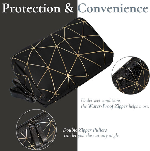 Mini Makeup Bag for Purse, Portable PU Leather Makeup Organizer, Waterproof Cosmetic Pouch for Girls Women (Black &
