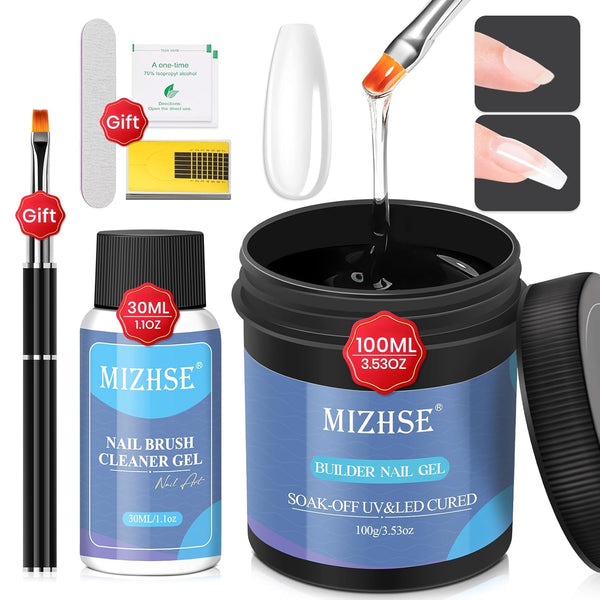 MIZHSE 100ML Nail Builder Gel Kit, Clear Hard Gel Builder for Nails, LED Nail Lamp, Nail Brush, for Salon & Home DIY