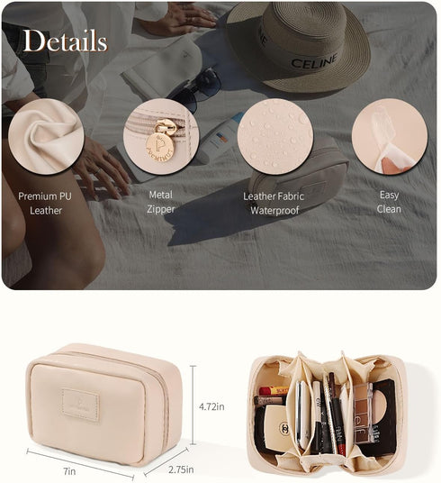 Pocmimut PU Leather Makeup Bag, Open Flat Travel Pouch for Women, Essentials Organizer (Beige)