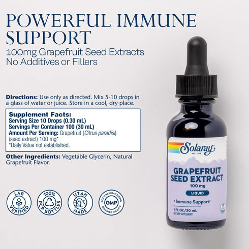 SOLARAY Grapefruit Seed Extract Liquid 100mg - Immune Support Supplement, 60-Day Guarantee, 1 FL OZ