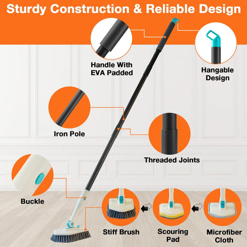 3 in 1 Scrub Cleaning Brush with Long Handle 51'', Shower Bathtub Tub & Tile Scrubber Brush, Includes 1 Stiff Brush