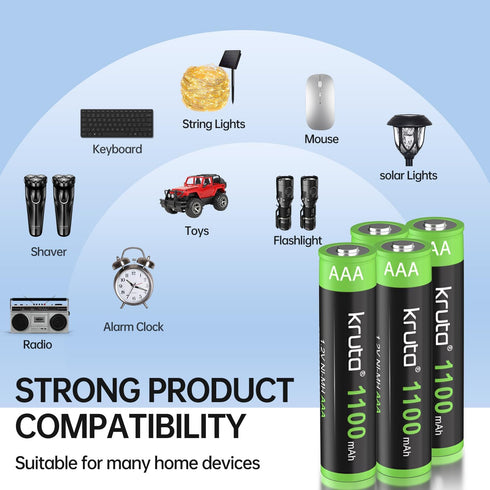 Kruta Solar Lights Batteries AAA 1100mah High Capacity 1.2V Ni-MH Rechargeable for Outdoor Solar Lights, Pack of 8