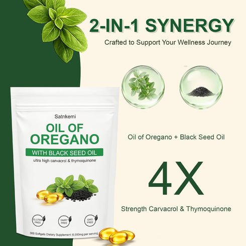 Satnkemi 4X 2-in-1 Immune 300 Oil of Oregano with Black Seed Oil Softgels | Strength Carvacrol & Thymoquinone| Formula
