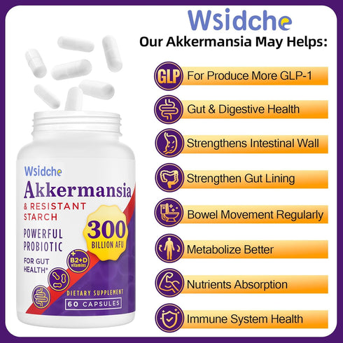 300 Billion AFU Akkermansia Probiotic, GLP-1 Probiotic for Women & Men, Enhances Gut Digestive Lining Function, 60 Caps