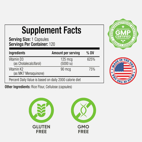 True Booster Vitamin D3 & K2 Capsules, 125mcg D3 & 90mcg K2, Heart, Bone, Immune Support
