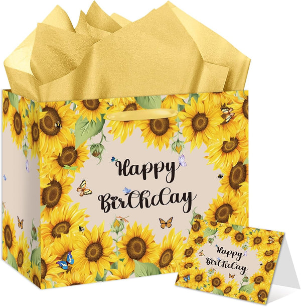 HSKMAKE Sunflower Birthday Gift Bag Yellow Sunflower Paper Bag with Card Yellow Tissue