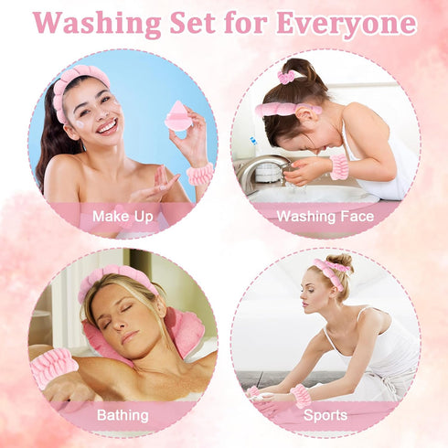 7Pcs Puffy Spa Headband and Wristband Set, Skincare Headband for Washing Face, Makeup Removal Accessories (Pink)