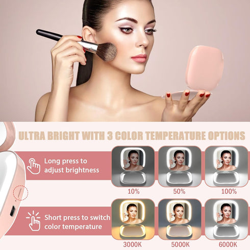 MY BEAUTY LIGHT Compact Mirror, Lighted 1X/3X Magnifying Travel Makeup Mirror, USB Charging (Pink)