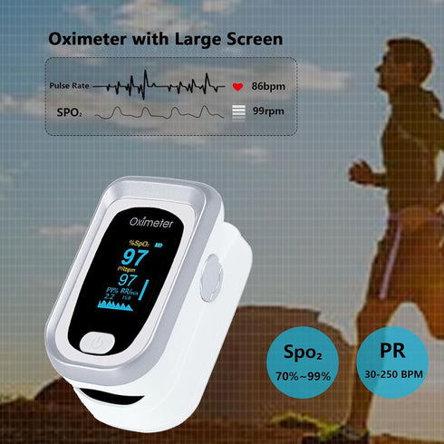 Adult Pulse Oximeter with Large LED Screen, Accurate Heart Rate Meter, Carry Lanyard and Bag - Silver