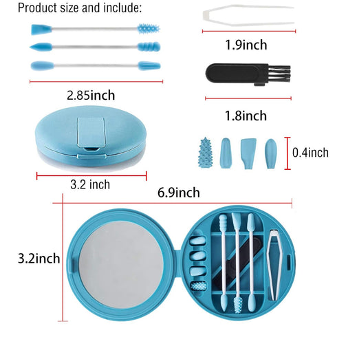 Strogem Reusable Cotton Swabs with Mirror - Makeup Application and Cleaning, Portable Washable Silicone Q-Tip (Blue)