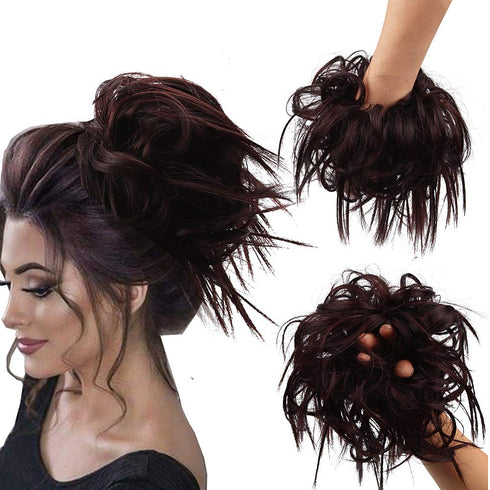 Tousled Updo Messy Bun Hair Piece, Synthetic Wavy Extension Ponytail with Elastic Rubber Band for Women-33#