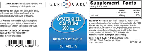 Gericare Oyster Shell Calcium 500 mg, Bone Health, Nutritional Supplement, 60 Count (Pack of 1)