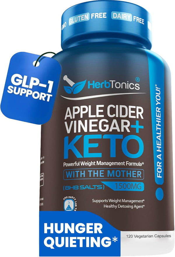 Herbtonics Apple Cider Vinegar with Keto BHB Salts, GLP-1 Support Supplement, 120 Keto ACV Capsules