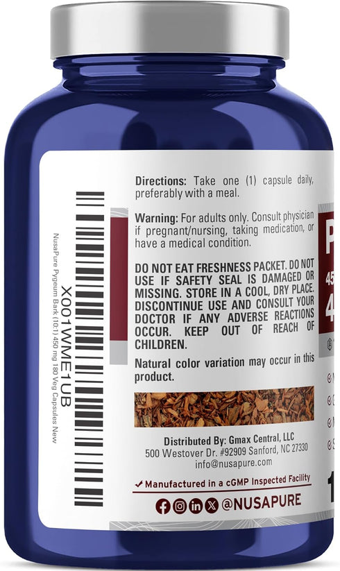 NusaPure Pygeum Bark 10:1 Extract | 450 mg Equivalent to 4,500mg, 180 Veggie Caps (Non-GMO, Vegan)