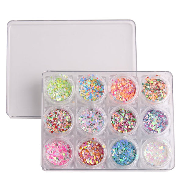 WOKOTO 12 Box Mixed Color and Size Round Confetti Nails, Shiny Nail Glitters Nail Art Decoration Set