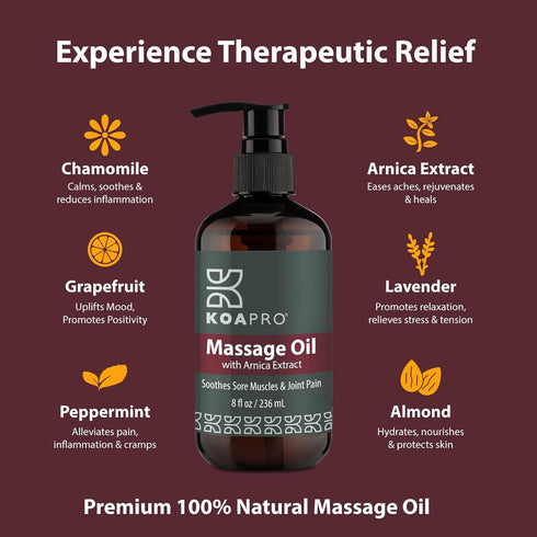 KOAPRO Massage Oil for Massage Therapy, Arnica Massage Oil for Pain Relief, Premium Body Massager Oil, 8 Fl Oz