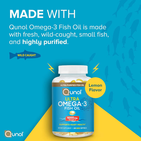 Qunol Fish Oil Omega 3 Mini Softgels, 1000mg Omega 3 EPA + DHA, Ultra Pure Supplements for Heart Health, Lemon Flavor,
