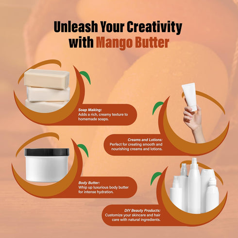 Raw Mango Butter 8 oz. - 100% Pure Natural Unrefined for Skin, Body, Hair Growth, DIY Soap Making, Lotions
