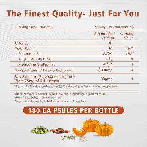 J-PRQ 3000mg 180 Pumpkin Seed Oil with Saw Palmetto- - Softgels -Cold Pressed - Pure Virgin Oil - Essential Fatty Acids