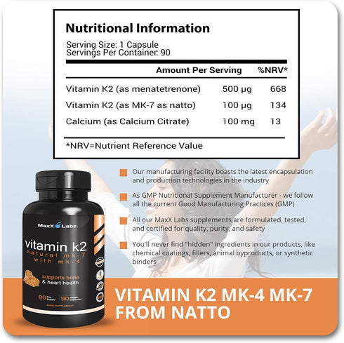 Vitamin K2 Supplement - High Strength K2 600mcg with Vitamin D - Full Spectrum K2-MK7, MK4 - Supports Bone Health - 90