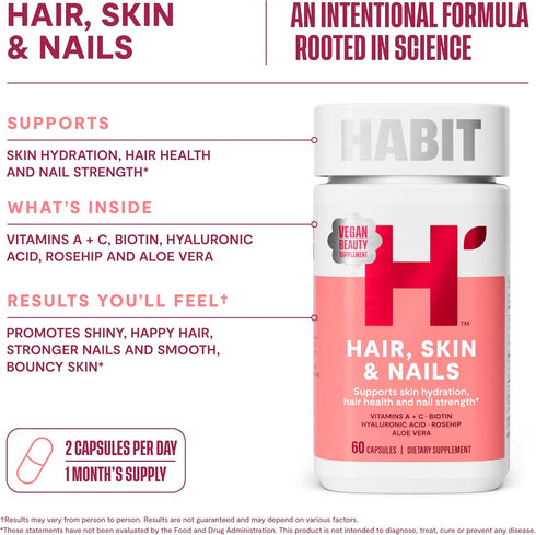HABIT Hair, Skin & Nails Supplement (60 Capsules) - 2000mcg Biotin, Supports Skin Hydration, Hair & Nail Strength,