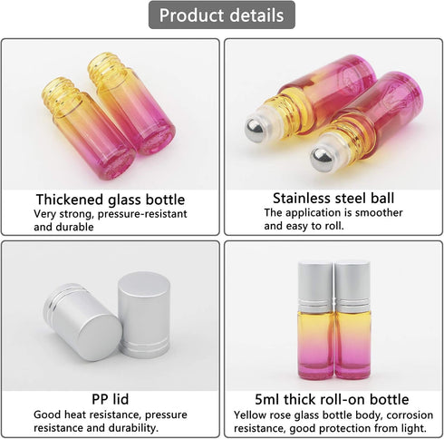 JIUWU 10pcs Yellow-Rose Gradient Glass Roller-on Bottles, 5ml with Stainless Steel Balls